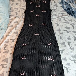 Black Crochet Dress with Pink Accents